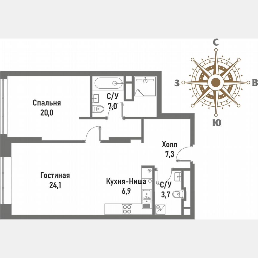 1-к. квартира, 69 м², 16/20 эт.