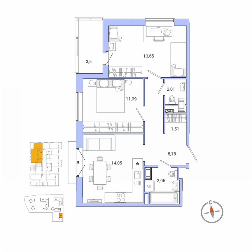 2-к. квартира, 56,2 м², 6/10 эт.