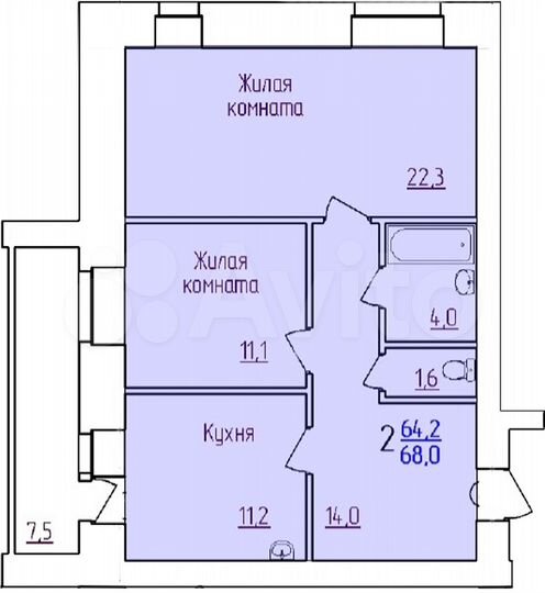 2-к. квартира, 68 м², 2/14 эт.