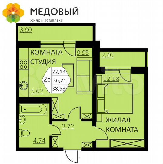 2-к. квартира, 38,6 м², 9/14 эт.