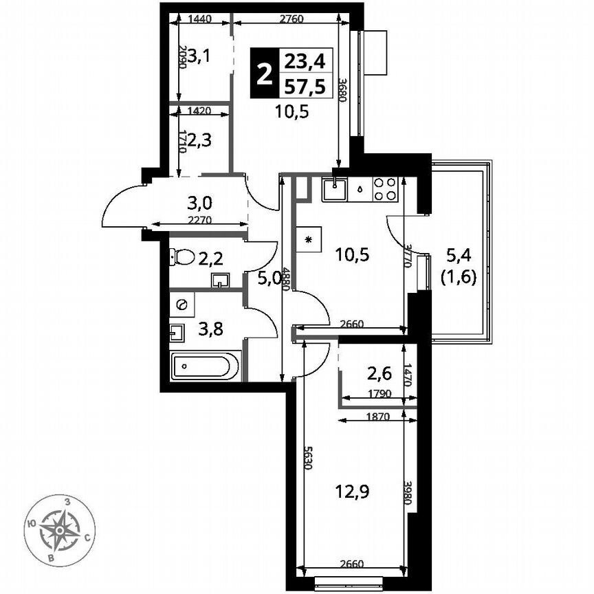 2-к. квартира, 57,5 м², 15/18 эт.