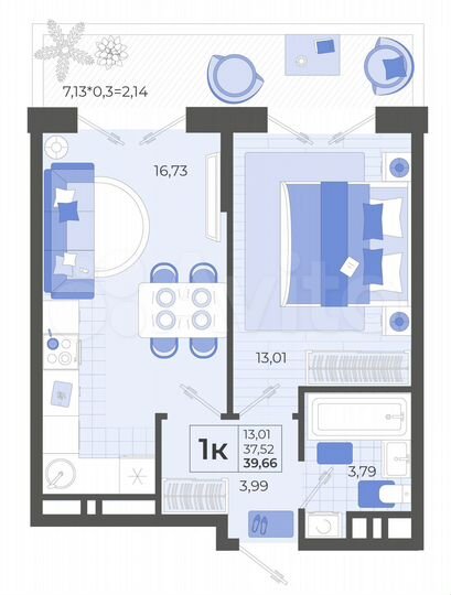 1-к. квартира, 39,7 м², 2/14 эт.