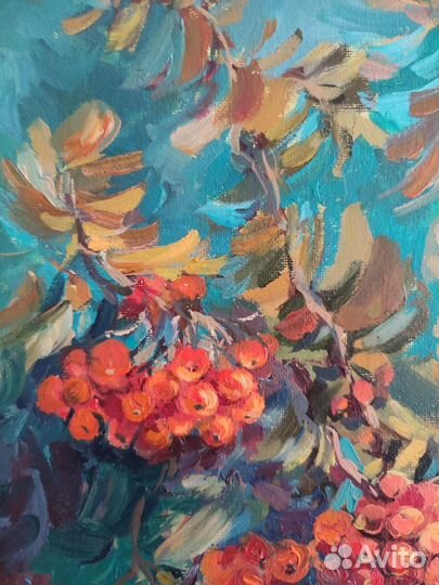 Картина маслом на холсте цветы рябина осень 40х50