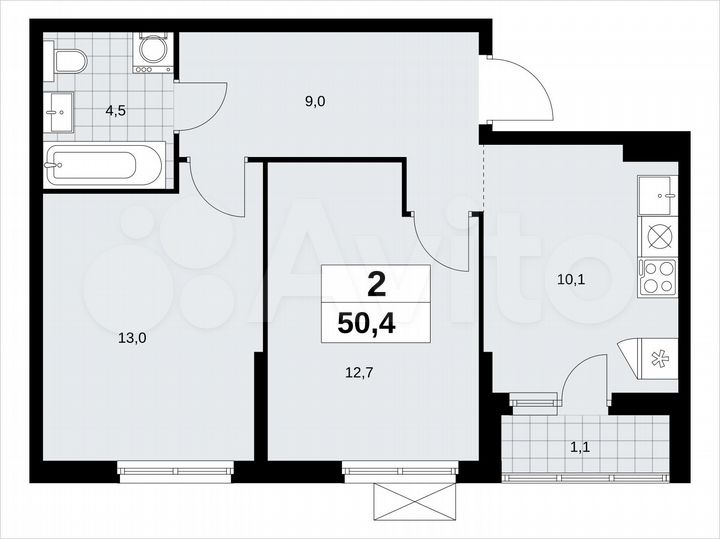 2-к. квартира, 50,4 м², 9/13 эт.