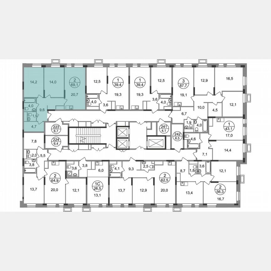 2-к. квартира, 69,1 м², 14/19 эт.
