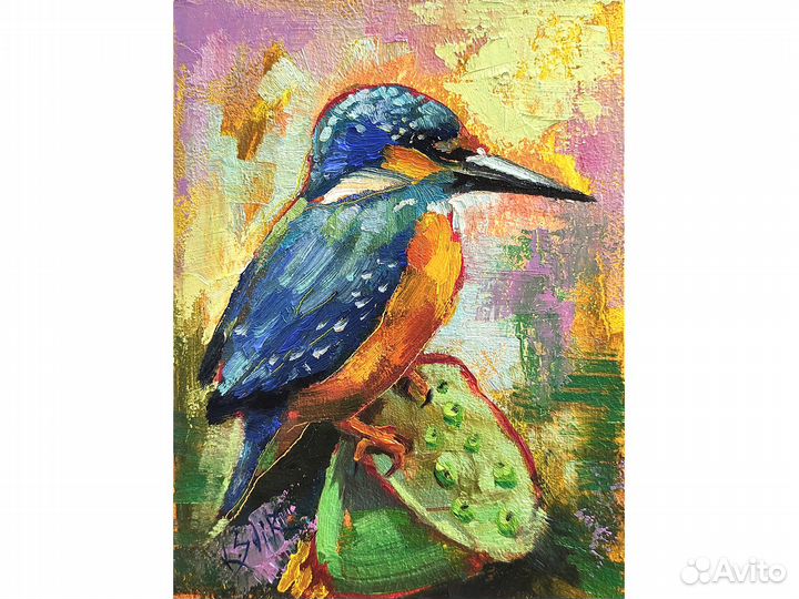 Картина птица зимородок, миниатюра маслом 20х15 см