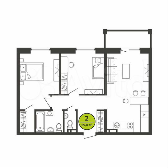 2-к. квартира, 69 м², 2/9 эт.