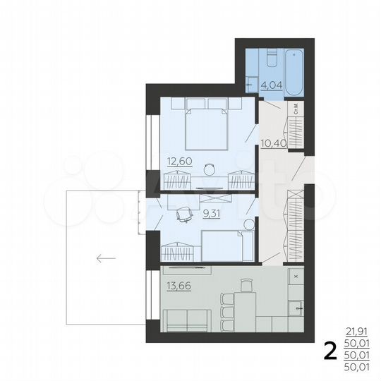 2-к. квартира, 50 м², 4/6 эт.