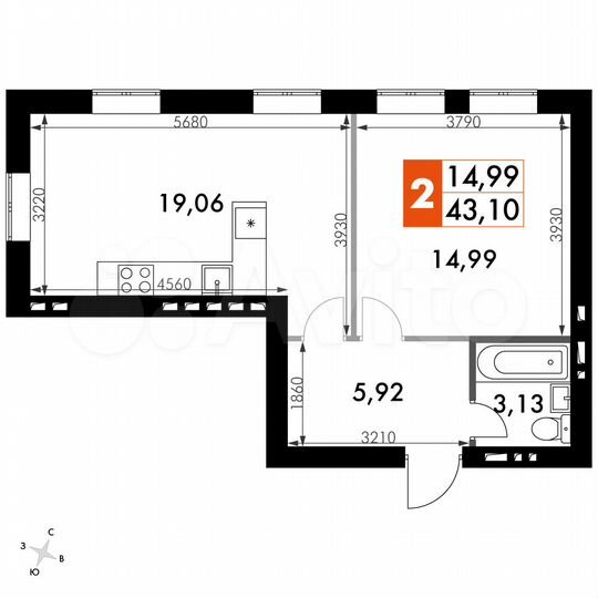 1-к. квартира, 43,1 м², 2/4 эт.