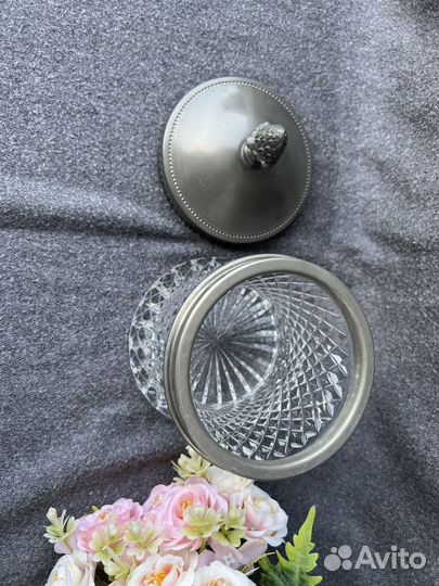 Ваза с крышкой, сахарница олово со стеклом