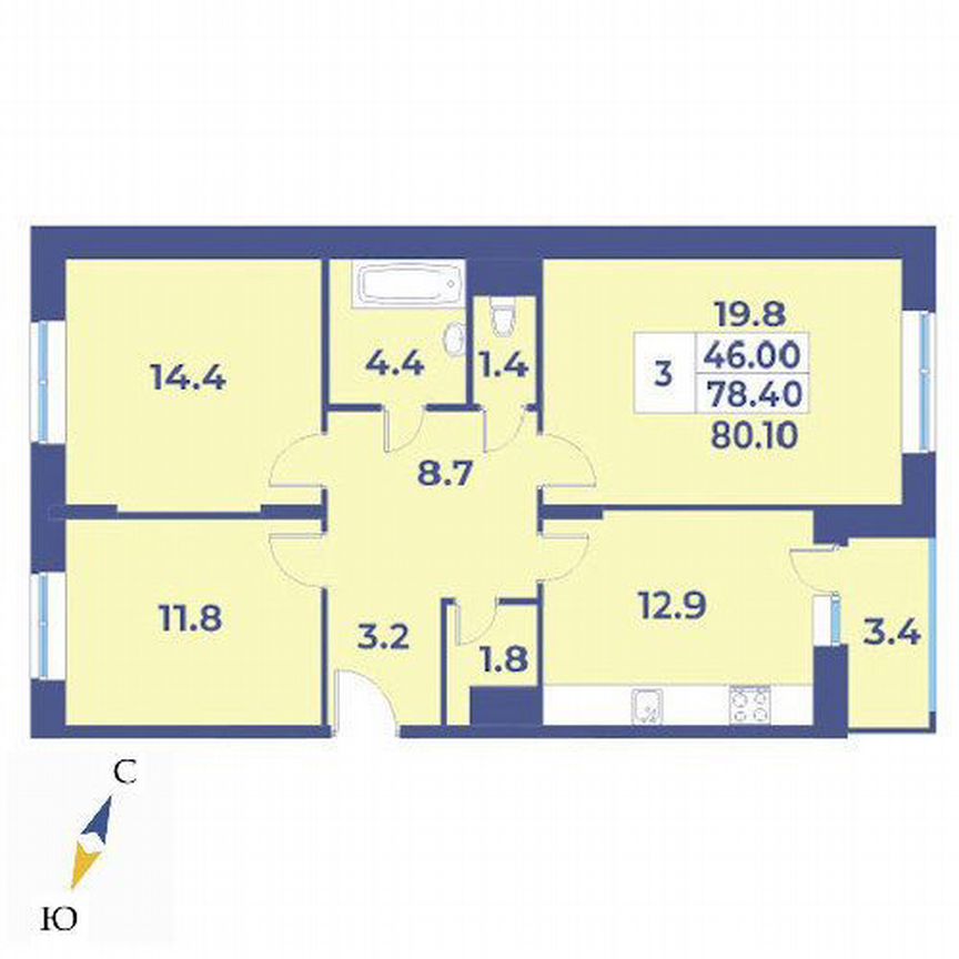 3-к. квартира, 80,1 м², 3/5 эт.
