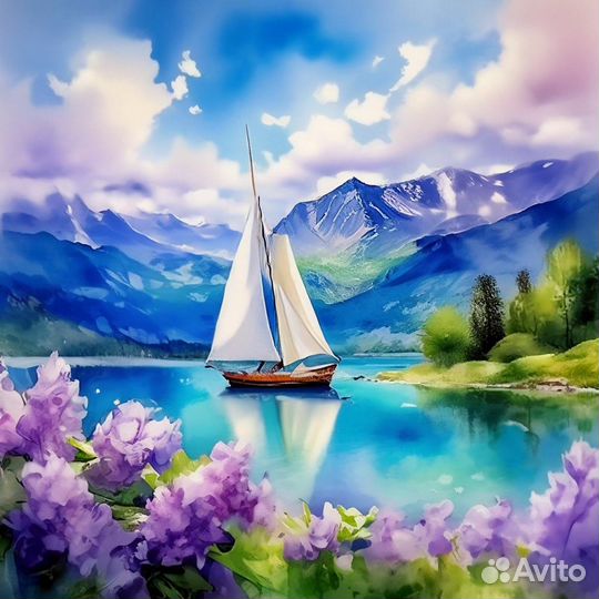 Картины акварель Парусная лодка на холсте 50х50 см