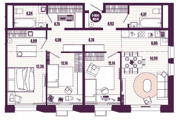 3-к. квартира, 88,4 м², 7/16 эт.