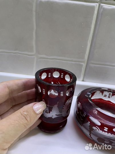 Рубиновое стекло Эгерманн пепельница с рюмкой