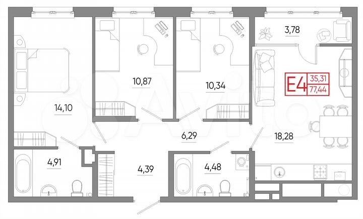 3-к. квартира, 77,4 м², 11/18 эт.