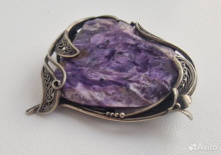 Винтажная брошь аметист в мельхиоре,скань