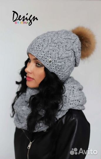 Вязаный комплект, зима. Шапка со снудом