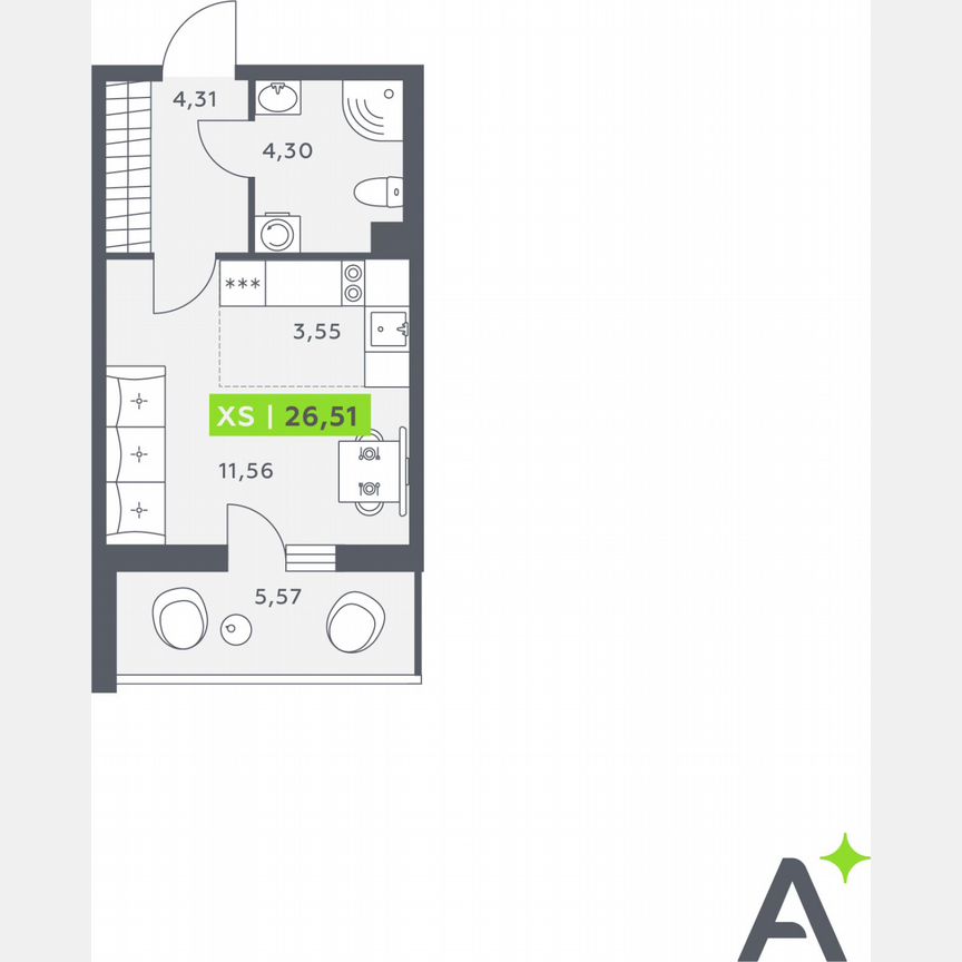 Квартира-студия, 26,5 м², 2/12 эт.