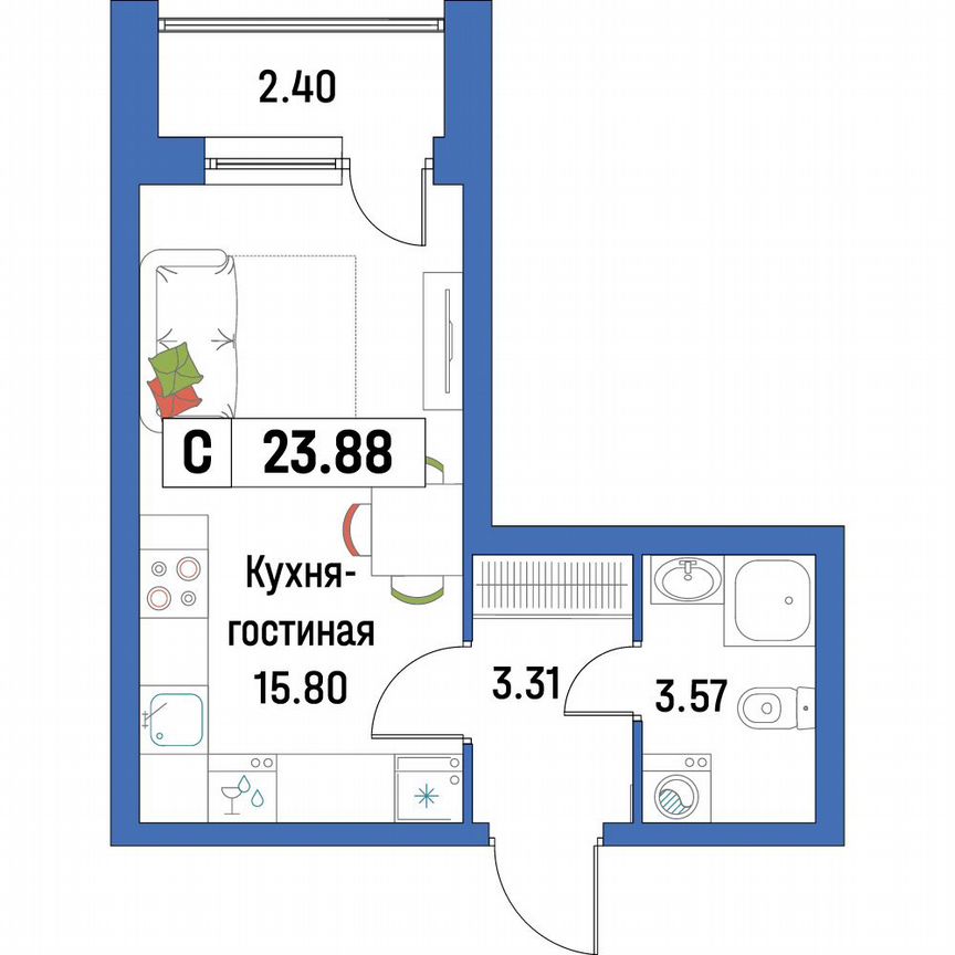 Квартира-студия, 23,9 м², 2/16 эт.