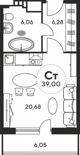 Квартира-студия, 39 м², 3/8 эт.