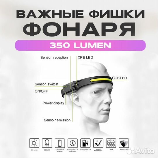 Фонарь сенсорный налобный светодиодный