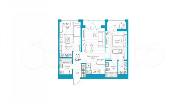 2-к. квартира, 62,9 м², 22/25 эт.