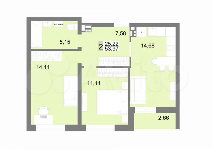2-к. квартира, 54 м², 7/23 эт.