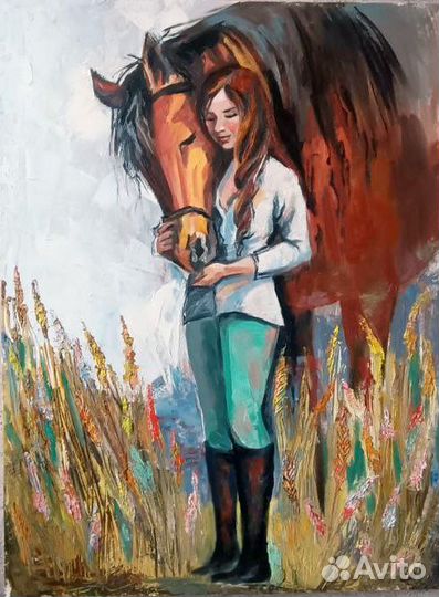 Картина маслом на холсте девушка с лошадью
