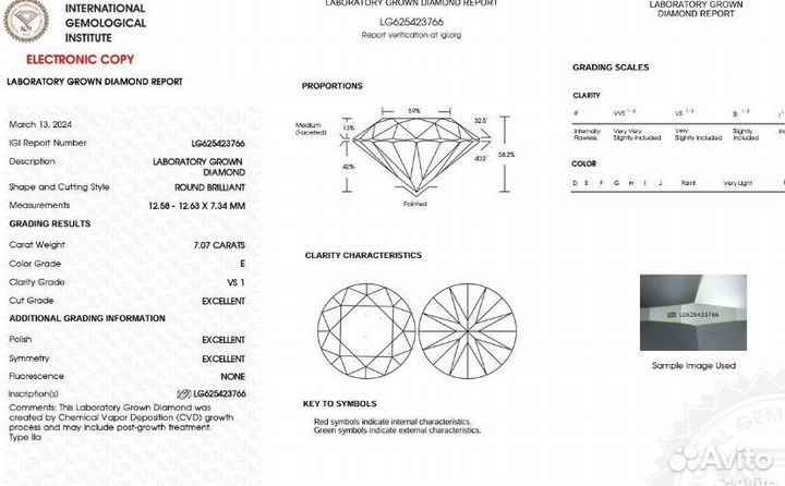 Круглый выращенный бриллиант 7.07 ct