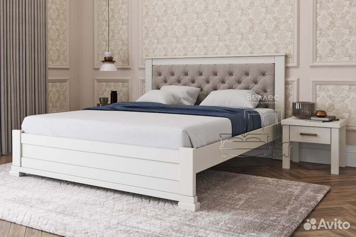 Кровать двуспальная массив с мягкой спинкой