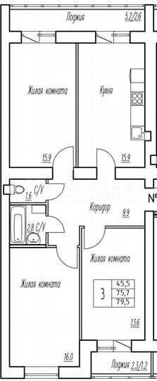3-к. квартира, 75,7 м², 9/9 эт.