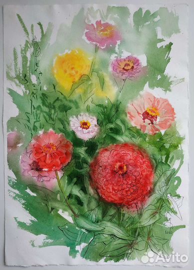 Акварель большая картина яркие цветы астры 35 * 50