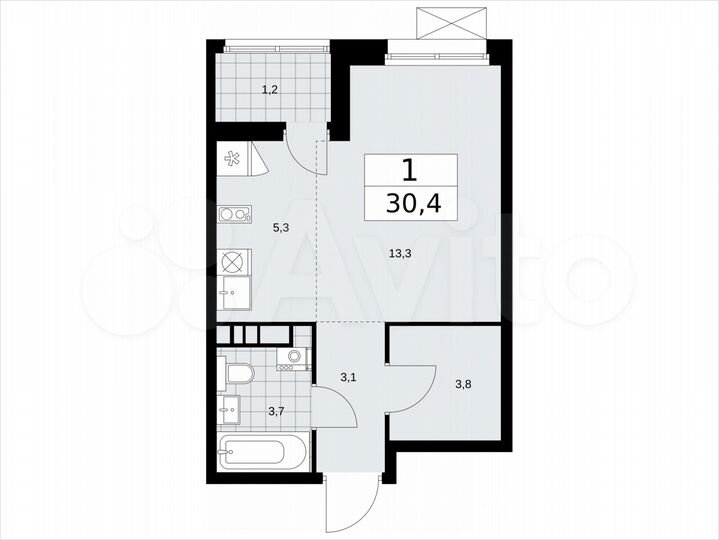 Квартира-студия, 30,4 м², 4/12 эт.