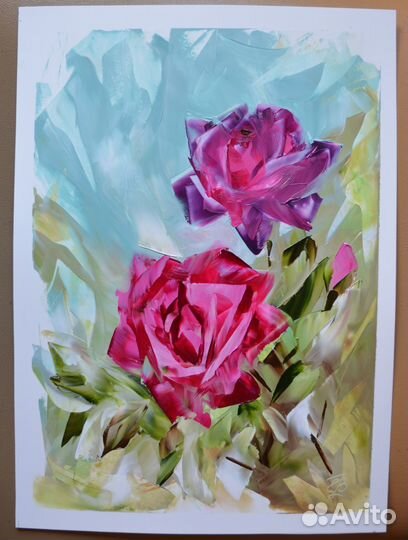 Картина маслом Кролик с цветами 25х35 см