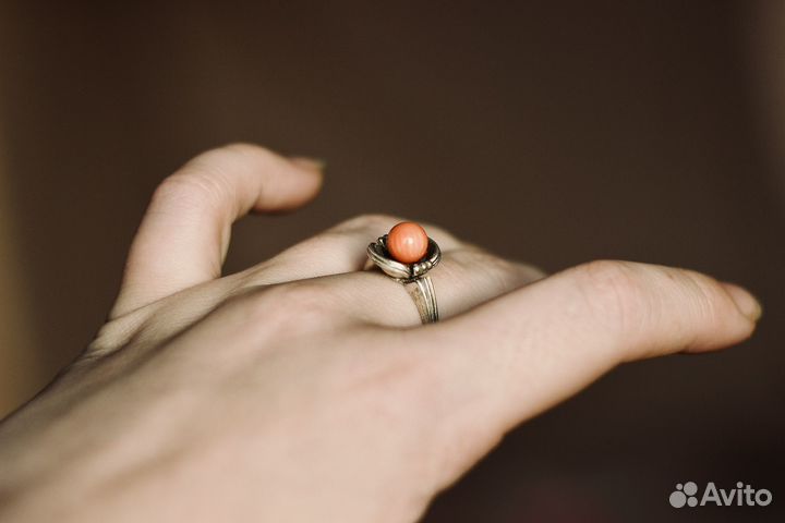 Кольцо и серьги коралл винтаж