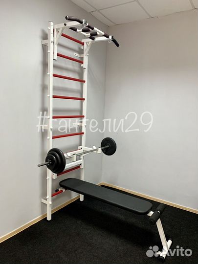 Шведская стенка со скамьей, упорами и штангой