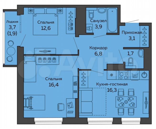 2-к. квартира, 62,7 м², 10/25 эт.