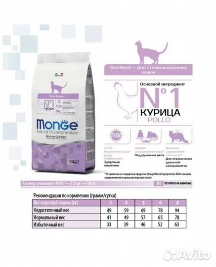 Monge корм для стерилизованных кошек 10кг