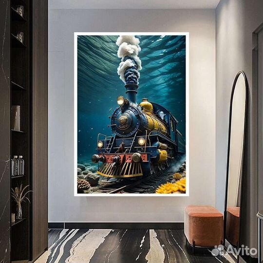 Оригинальная картина маслом Паровоз под водой
