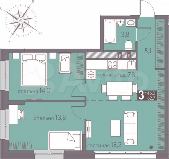 3-к. квартира, 62,7 м², 6/16 эт.