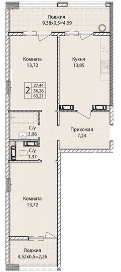 2-к. квартира, 63,2 м², 8/9 эт.