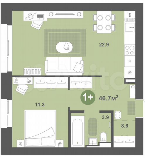 1-к. квартира, 46,7 м², 1/7 эт.