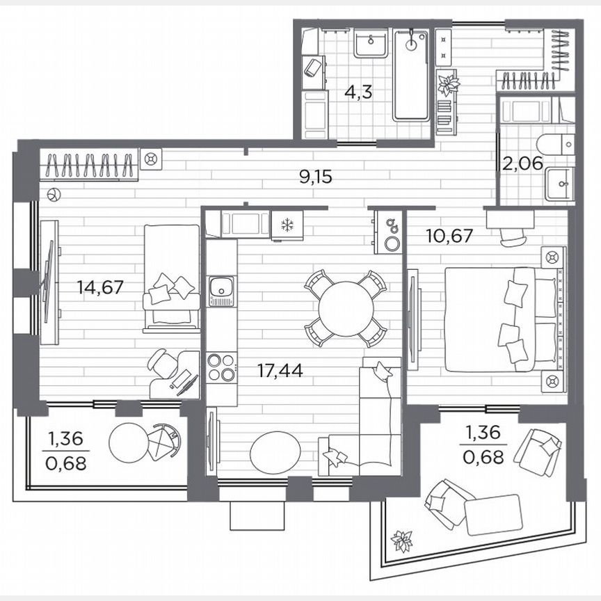 2-к. квартира, 59,5 м², 7/13 эт.