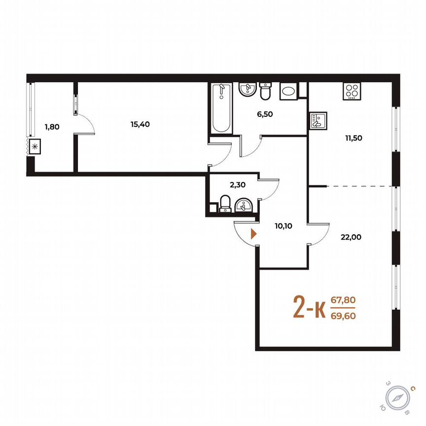 2-к. квартира, 69,6 м², 2/8 эт.