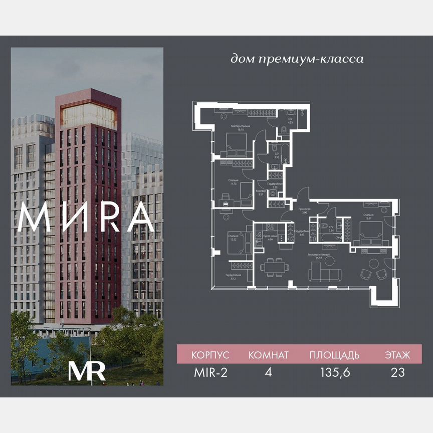 4-к. квартира, 135,6 м², 23/23 эт.