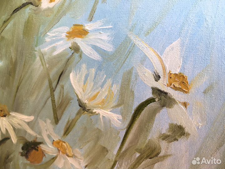 Итерьерная Картина цветы маслом ромашки голубая