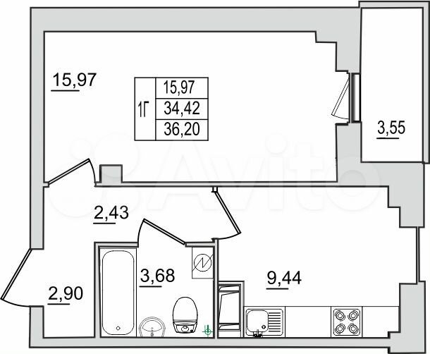 1-к. квартира, 36,2 м², 2/13 эт.