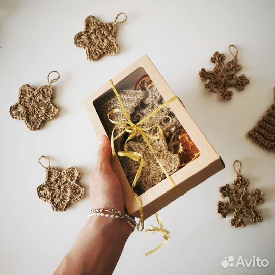 Джутовые елочные игрушки вязаные набор подарочный