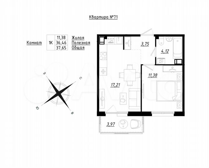 1-к. квартира, 37,7 м², 4/5 эт.