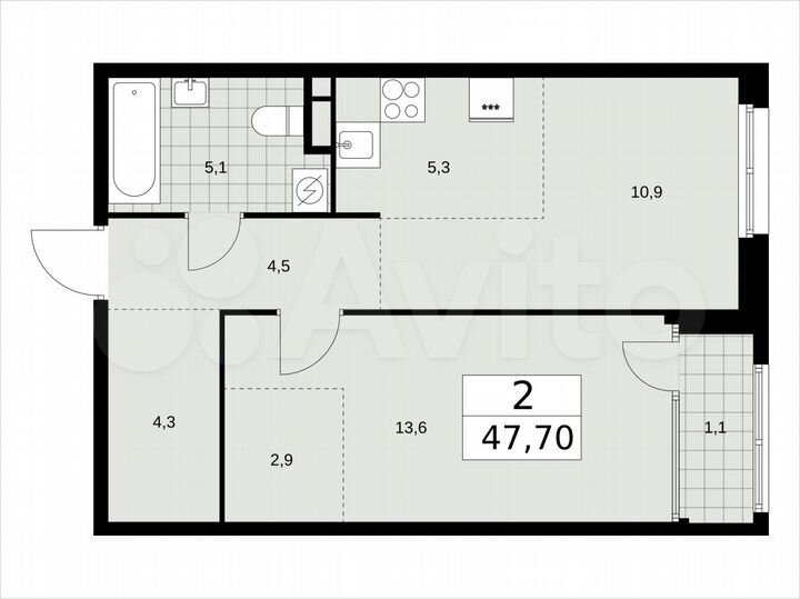 2-к. квартира, 47,7 м², 5/16 эт.